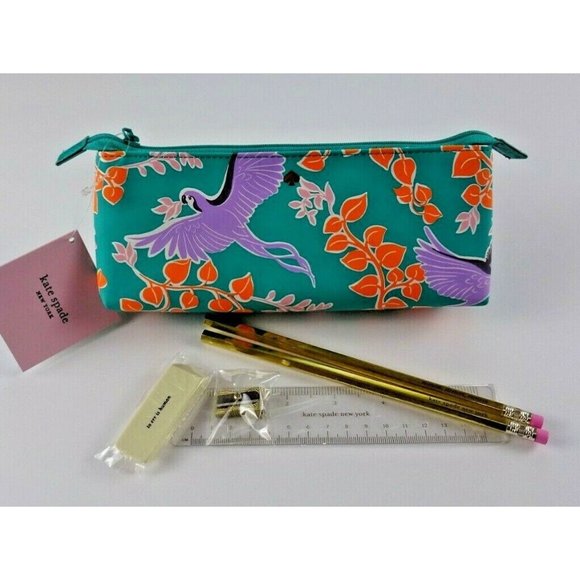 Kate Spade BIRD Party Pencil Case Pouch Ruler Eraser Sharpener Pencils 6-PC Set - Picture 5 of 11